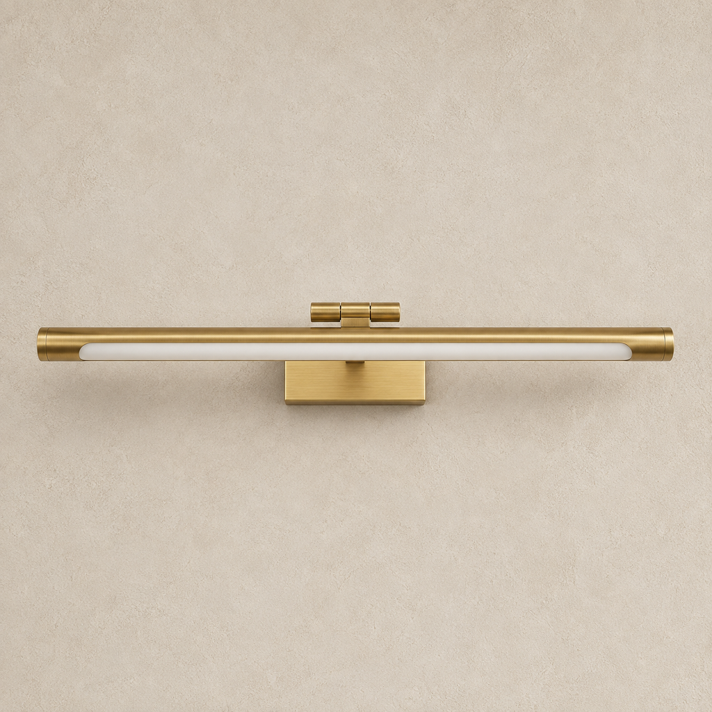 Akia brass wall light, switched off, on a neutral background