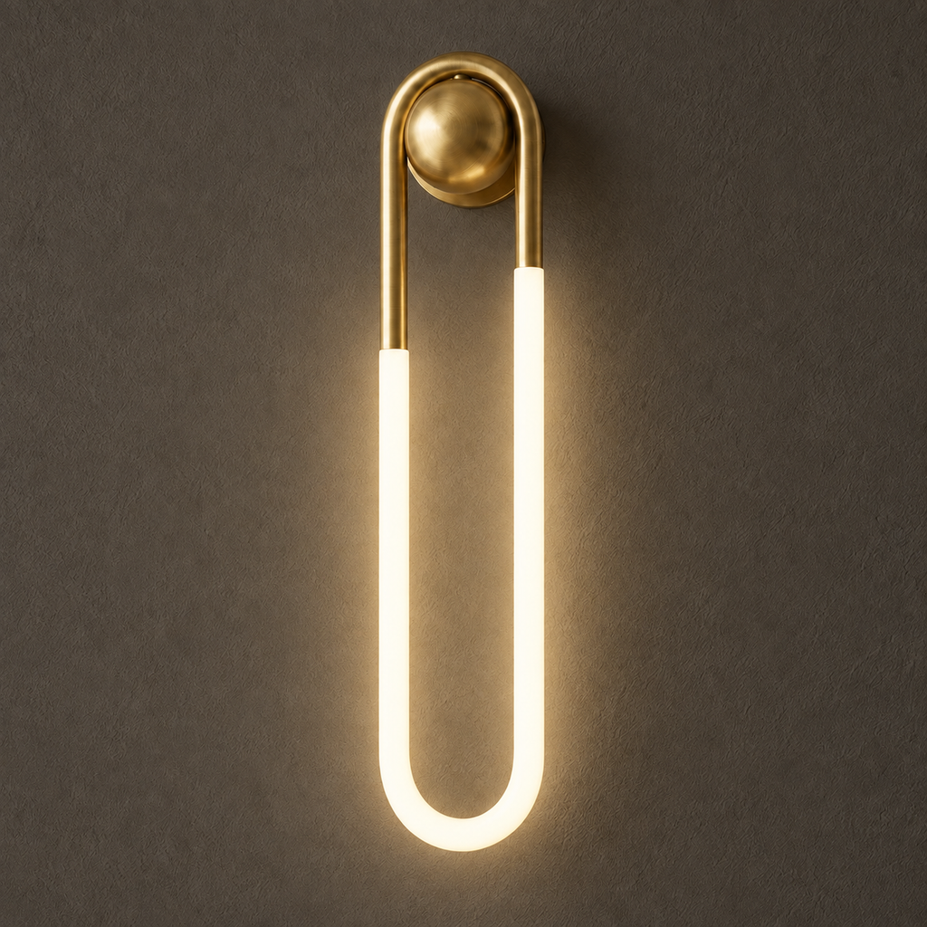 Cira brass wall light, switched on, with a warm glow