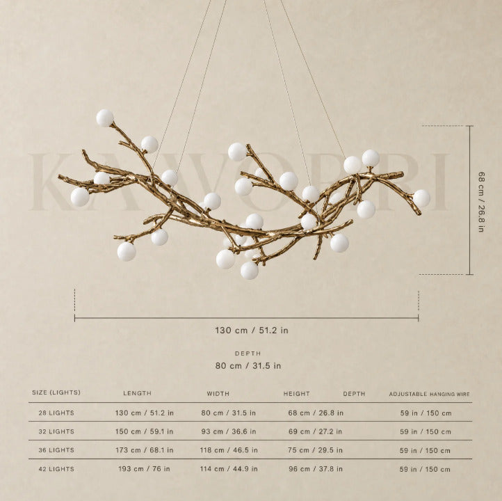 Rustic Tree Branch Chandelier – Frosted Glass, LED – Mira dimensions